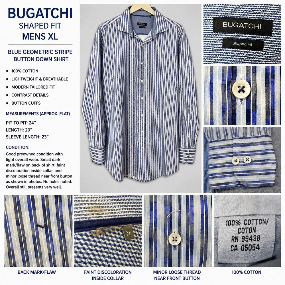 Bugatchi Shaped Fit Mens XL Blue Geometric Stripe Button Down Shirt Long Sleeve‎